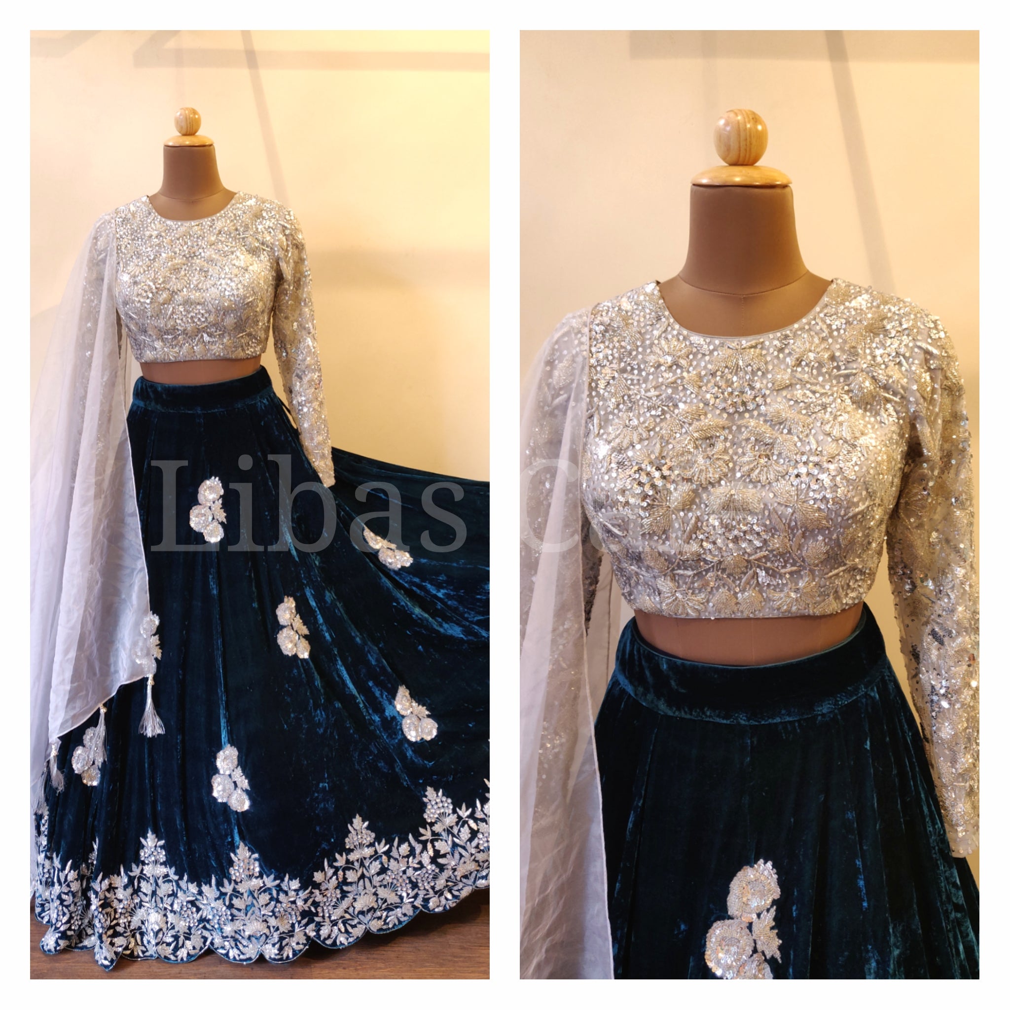 Silver-teal Velvet Bridal Lehenga